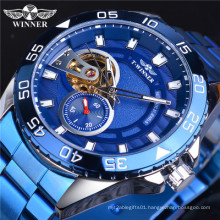 WINNER 337 Fashion Design Stainless Steel Strap Brand Luxury Waterproof Automatic Skeleton Blue Watches Men